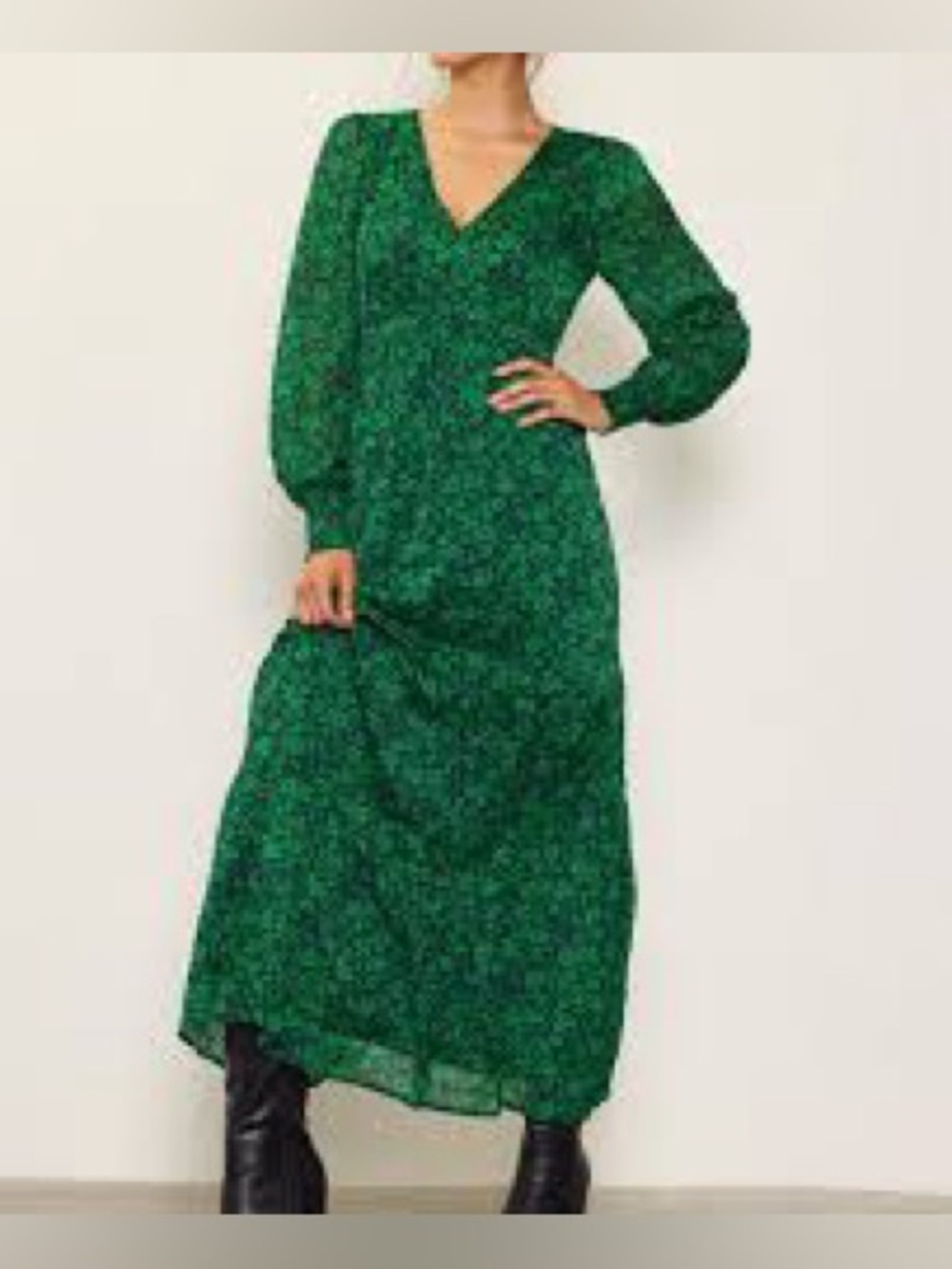 Société Green Floral Midi Dress Long Sleeve V-Neck Boho Flowy Size MP